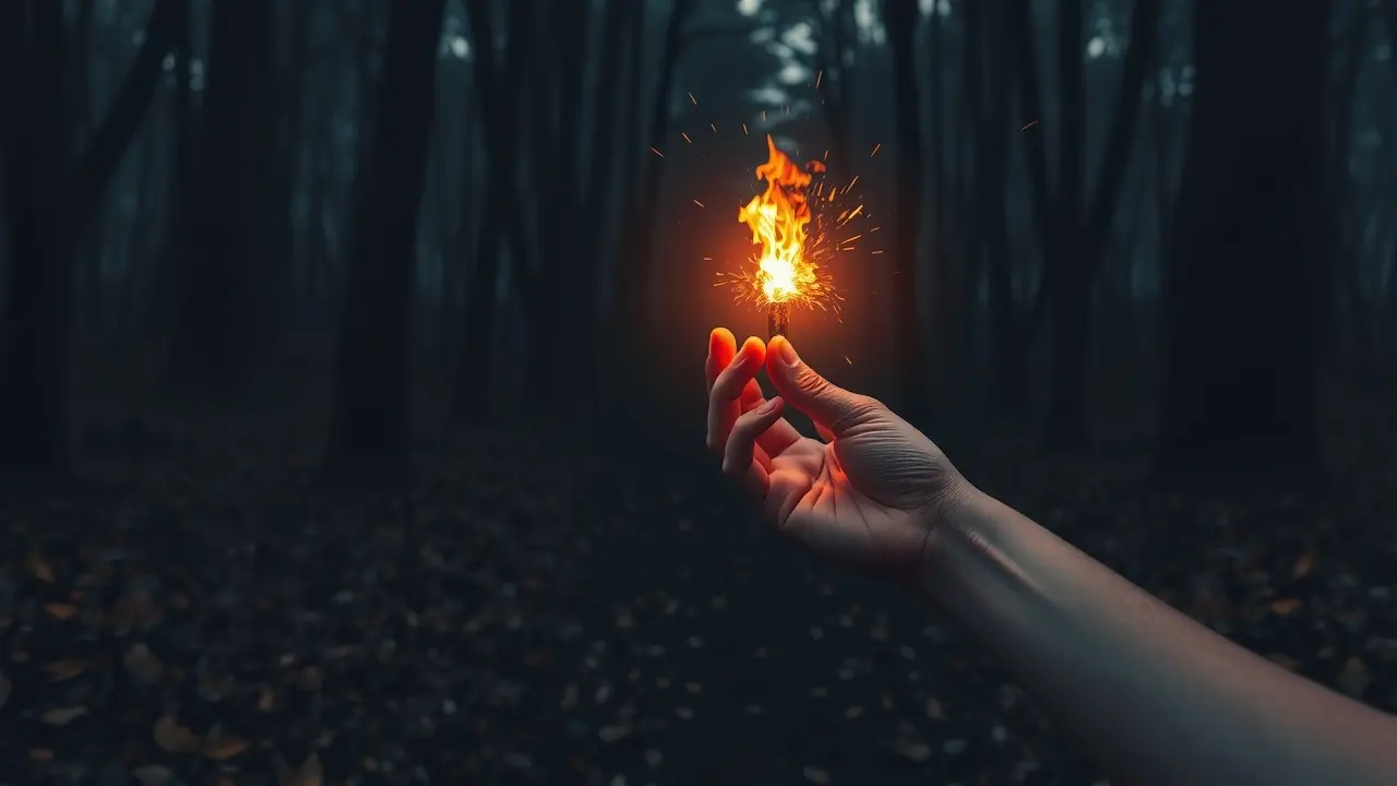 Sonhar com Iniciador: Desvende os Significados e Simbolismos Mão segurando faísca em floresta escura
