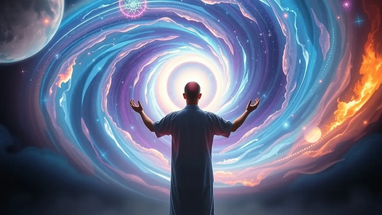 Sonhar com Iniciação Espiritual: Desvende os Significados Figura abraçando energia cósmica em sonho de iniciação.