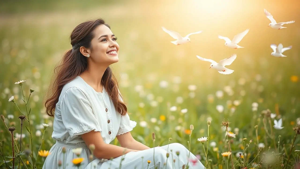 Mulher sorrindo em campo, simbolizando inocência