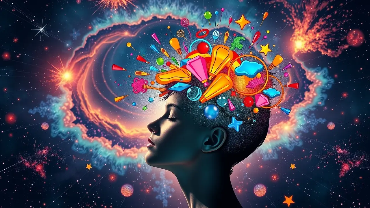 Cabeça explodindo em ideias inovadoras e coloridas.