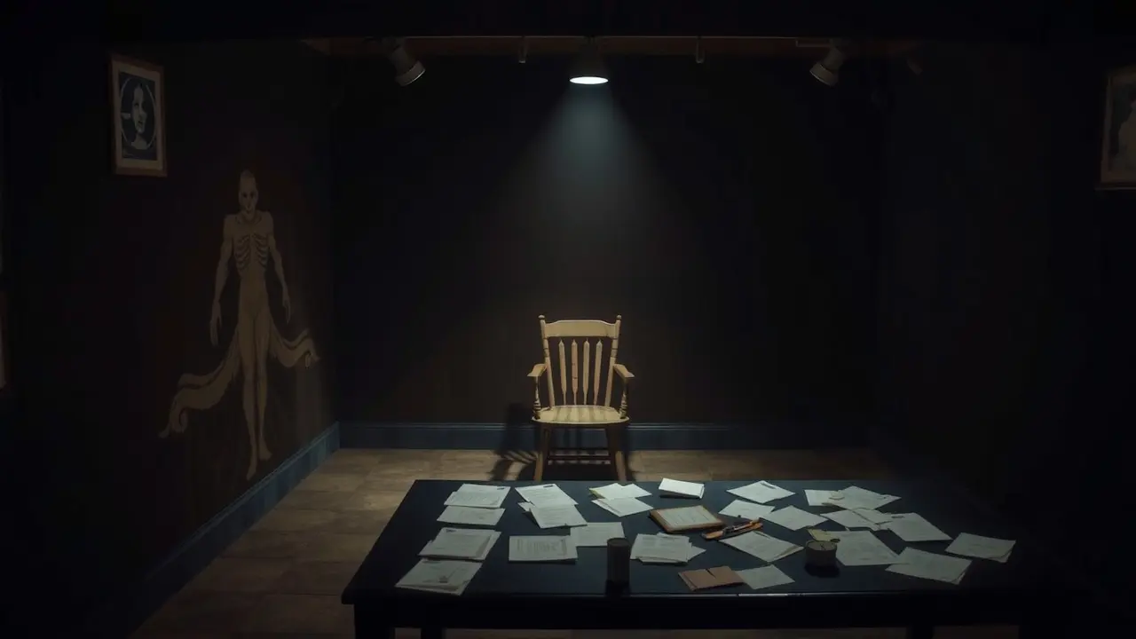 Cena sombria de interrogatório em sonho.