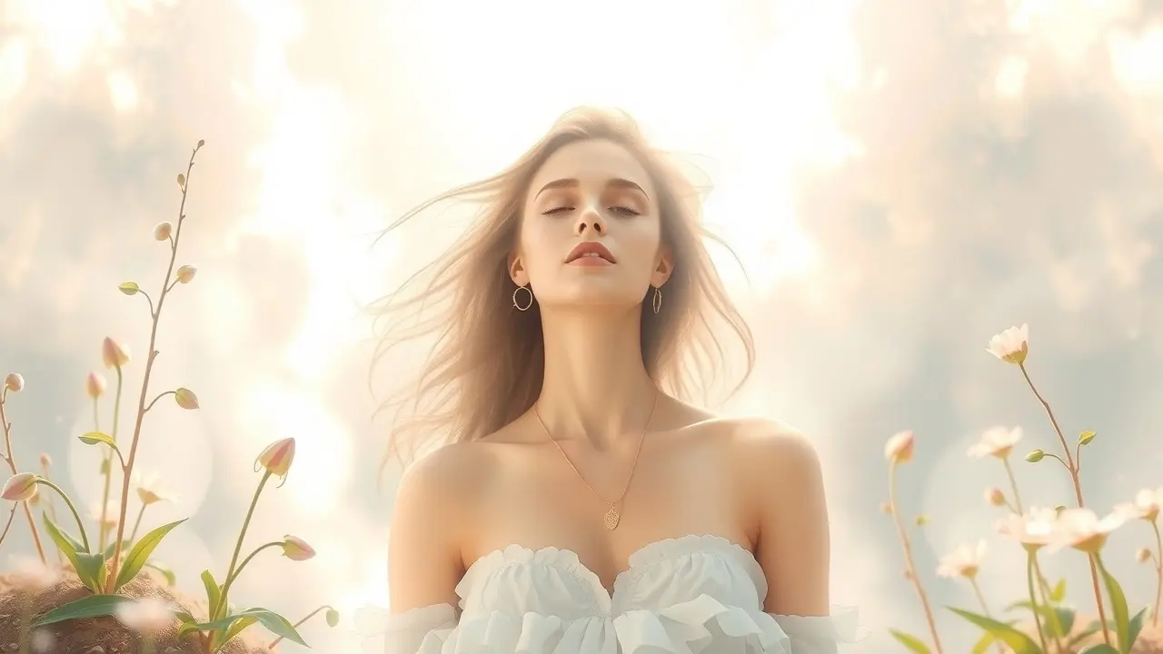 Sonhar com Inseminação: Desvende os Significados Ocultos Mulher em paisagem onírica com símbolos de fertilidade
