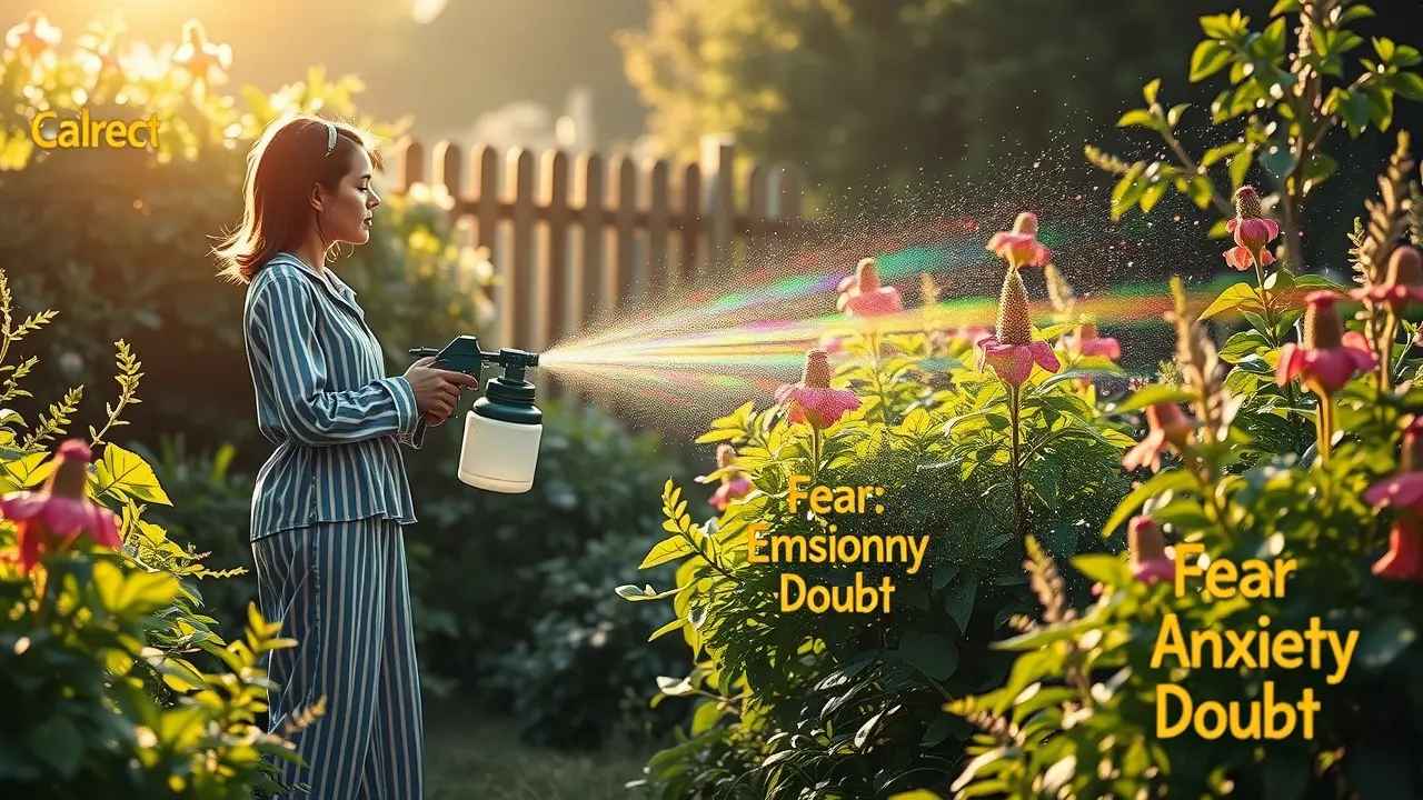 O Significado Oculto de Sonhar com Inseticida Homem com pulverizador em jardim onírico, eliminando ervas daninhas.