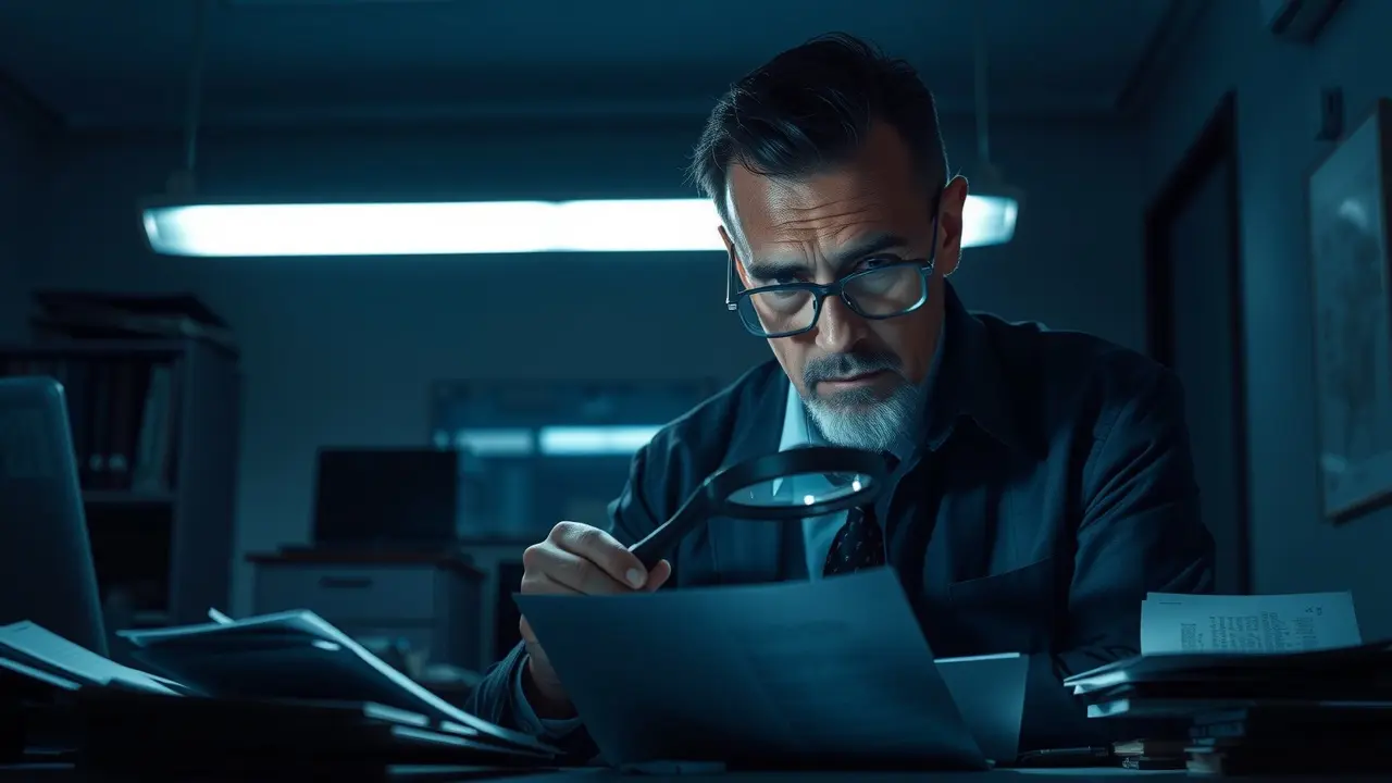 Sonhar com Inspetor: Descubra o Significado Oculto! Mulher inspecionando documentos com lupa, simbolizando análise e atenção aos detalhes.