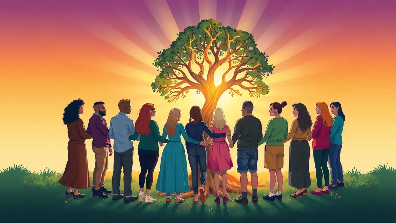 Sonhar com Integração: Descubra os Significados e Interpretações pessoas de mãos dadas formando um círculo, árvore brilhante ao centro
