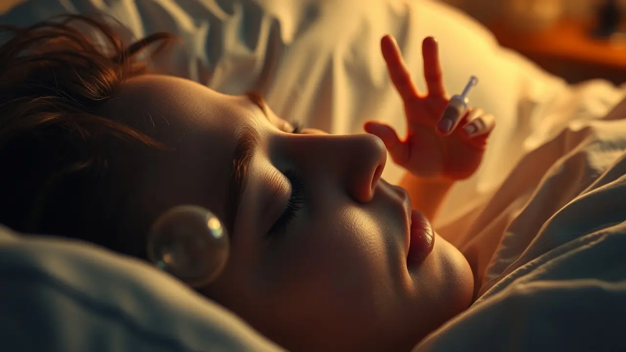 Mulher dormindo com balões de sonho pedindo ajuda.