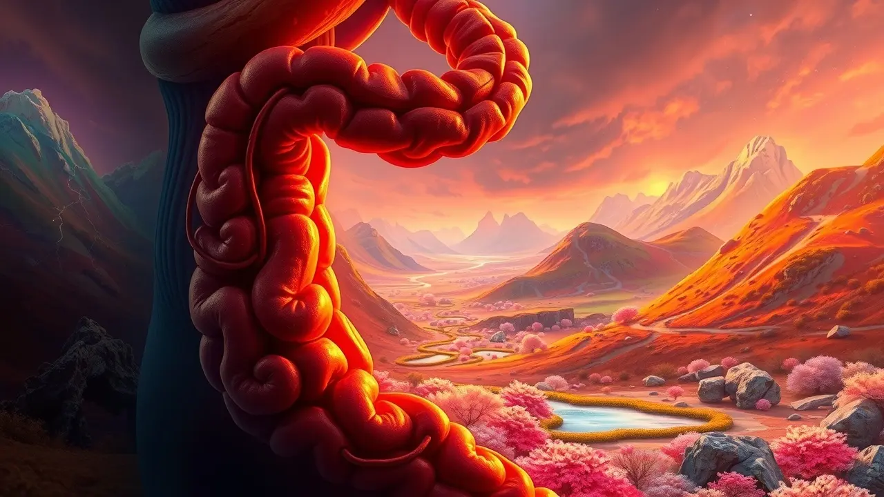 Sonhar com Intestino: Desvende os Significados! Ilustração abstrata de um intestino colorido.