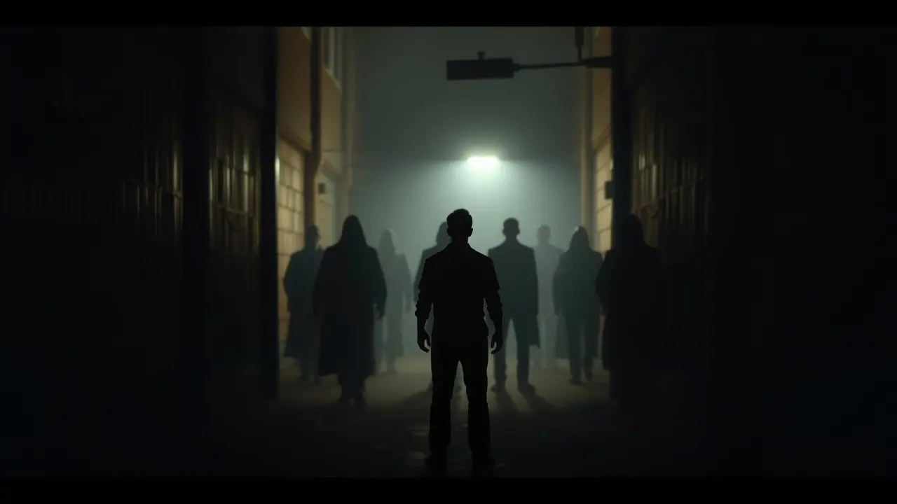 Homem se sentindo vulnerável em um beco escuro.