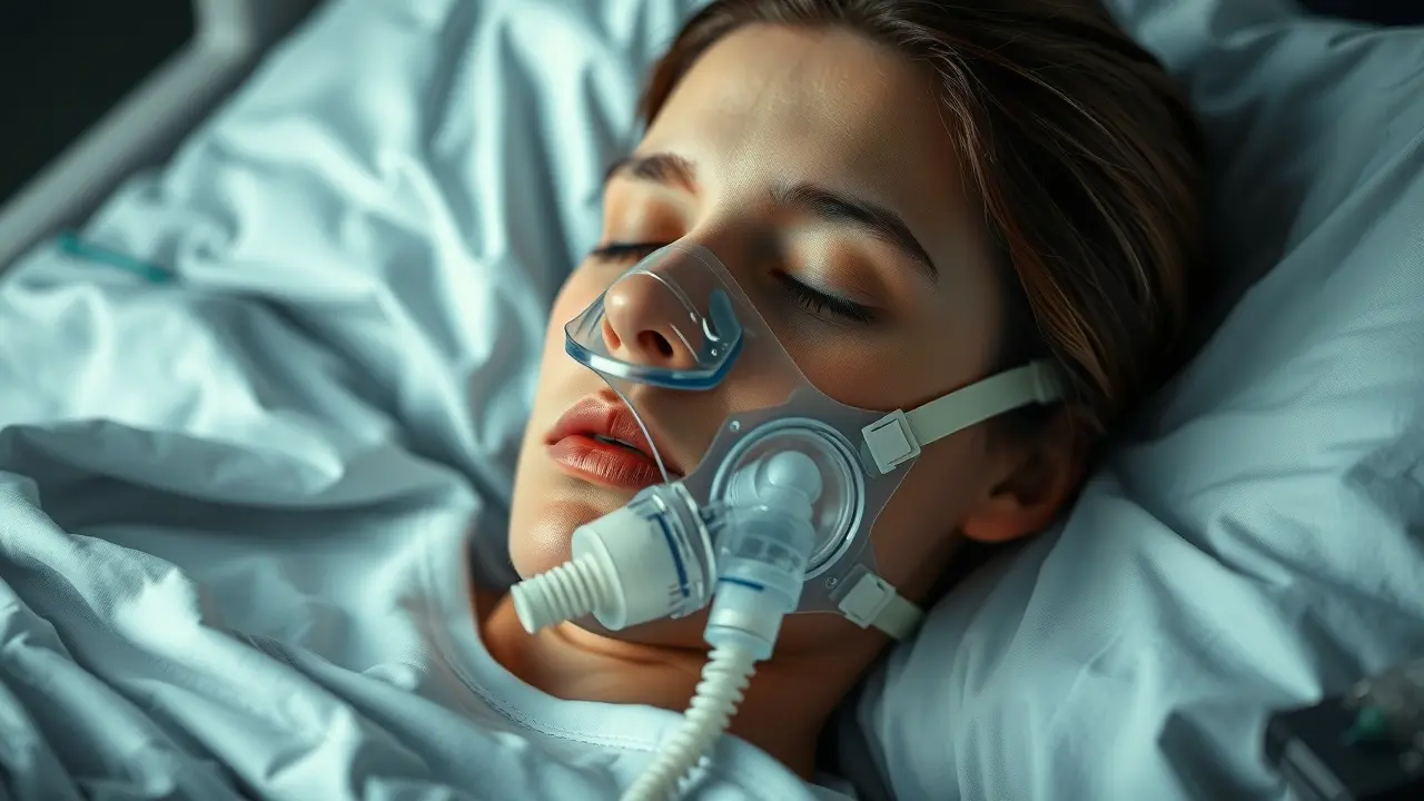 Pessoa deitada em cama de hospital com máscara de oxigênio