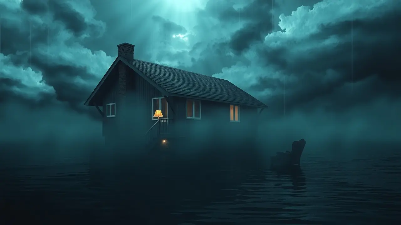 Casa inundada com água turva, refletindo preocupações emocionais