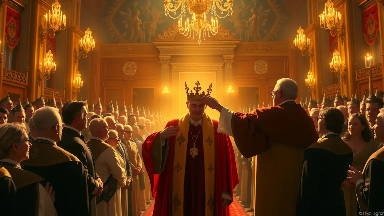 Sonhar com Investidura: Desvende os Significados e Simbolismos Cerimônia de investidura com pessoa recebendo coroa e manto.