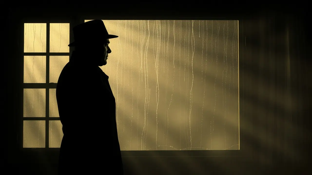 Detetive pensativo em sala escura.