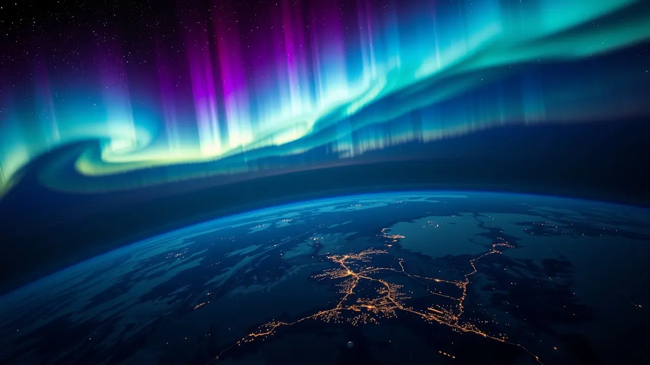 Visão onírica da ionosfera e auroras.