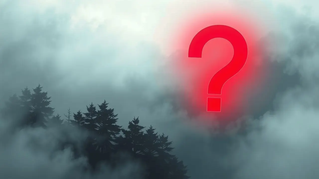 Significado de Sonhar com Ique: Desvendando os Mistérios Oníricos Sonho com 'ique': um ponto de interrogação vermelho brilhante em uma floresta nebulosa.