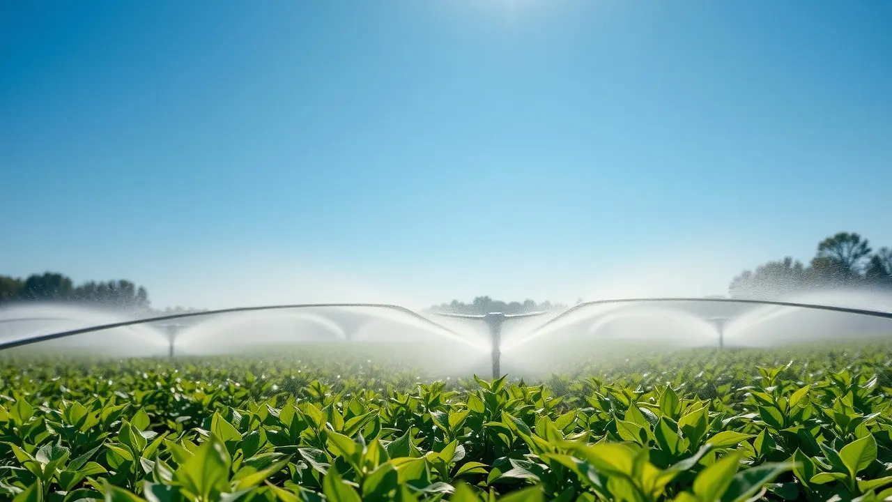 Campo verdejante sendo irrigado, sistema de irrigação moderno.