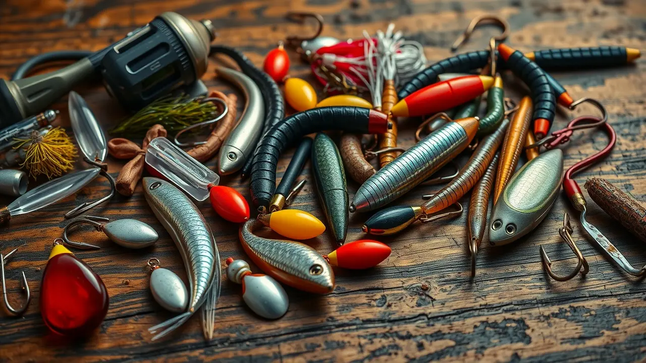 Diversas iscas coloridas sobre mesa de madeira.