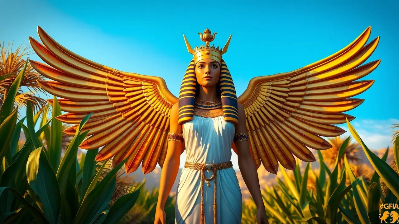 Sonhar com Ísis: Desvende os Mistérios e Significados! Deusa Ísis em jardim egípcio, asas douradas