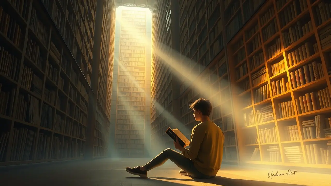 Pessoa lendo livro de Ítalo Calvino em biblioteca onírica