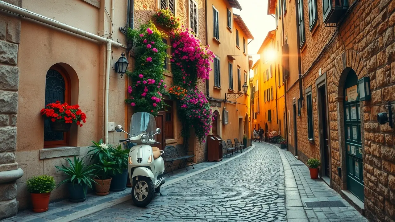 Rua charmosa na Itália com flores e Vespa