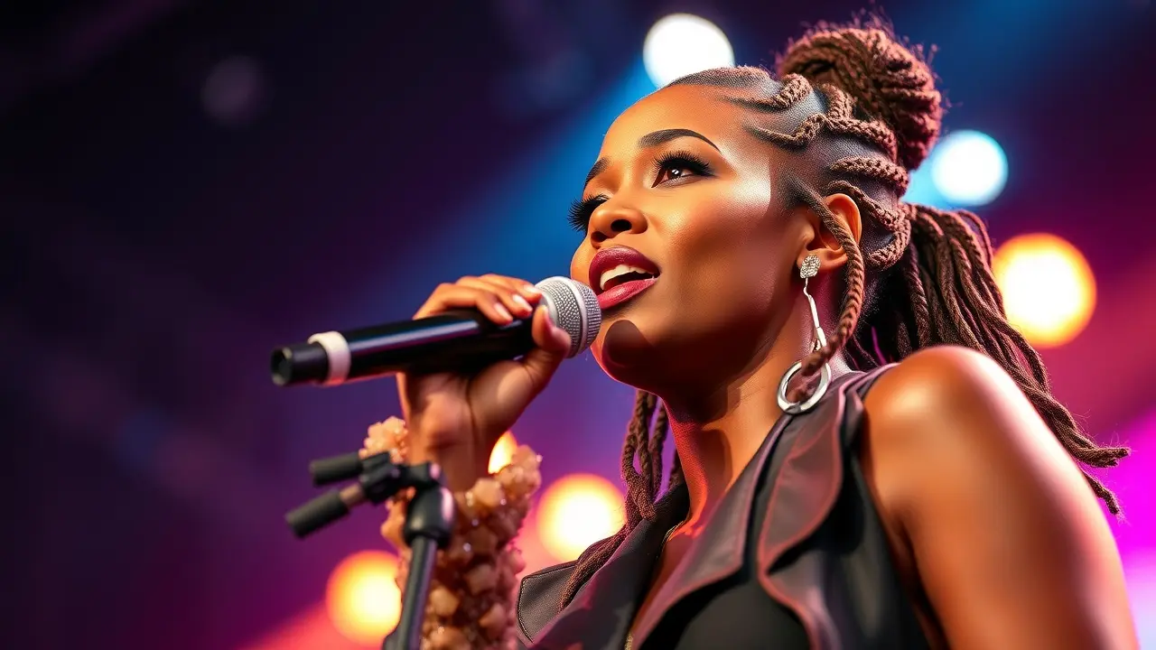 Significado de Sonhar com Iza: Desvende os Mistérios! Iza cantando no palco, show de luzes.