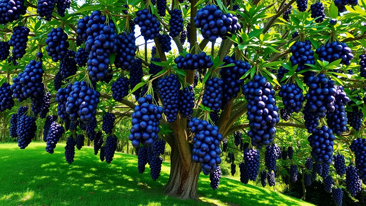 Jabuticabeira carregada de frutos roxos.