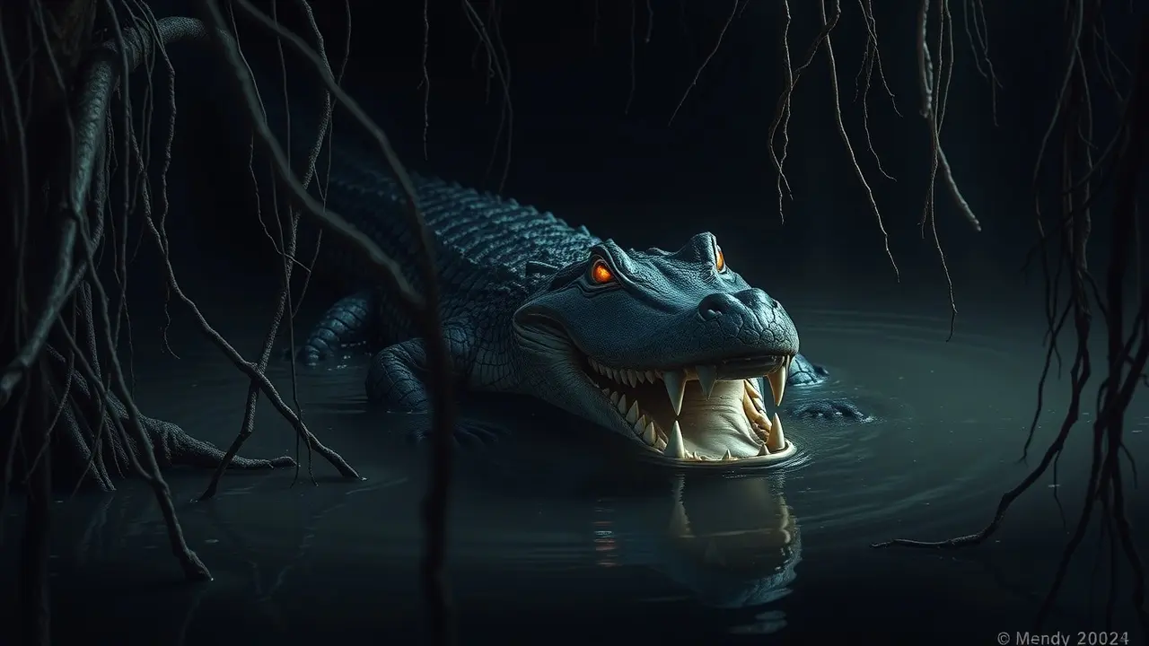Jacaré emergindo do pântano sombrio