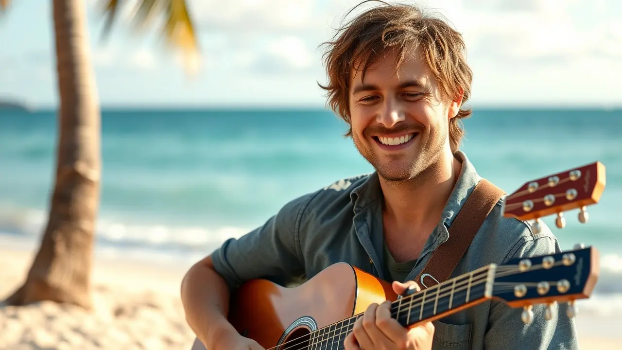 Jack Johnson sorrindo tocando violão na praia
