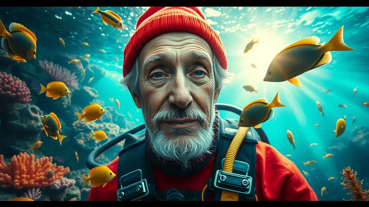 Jacques Cousteau em sonho, explorando o oceano