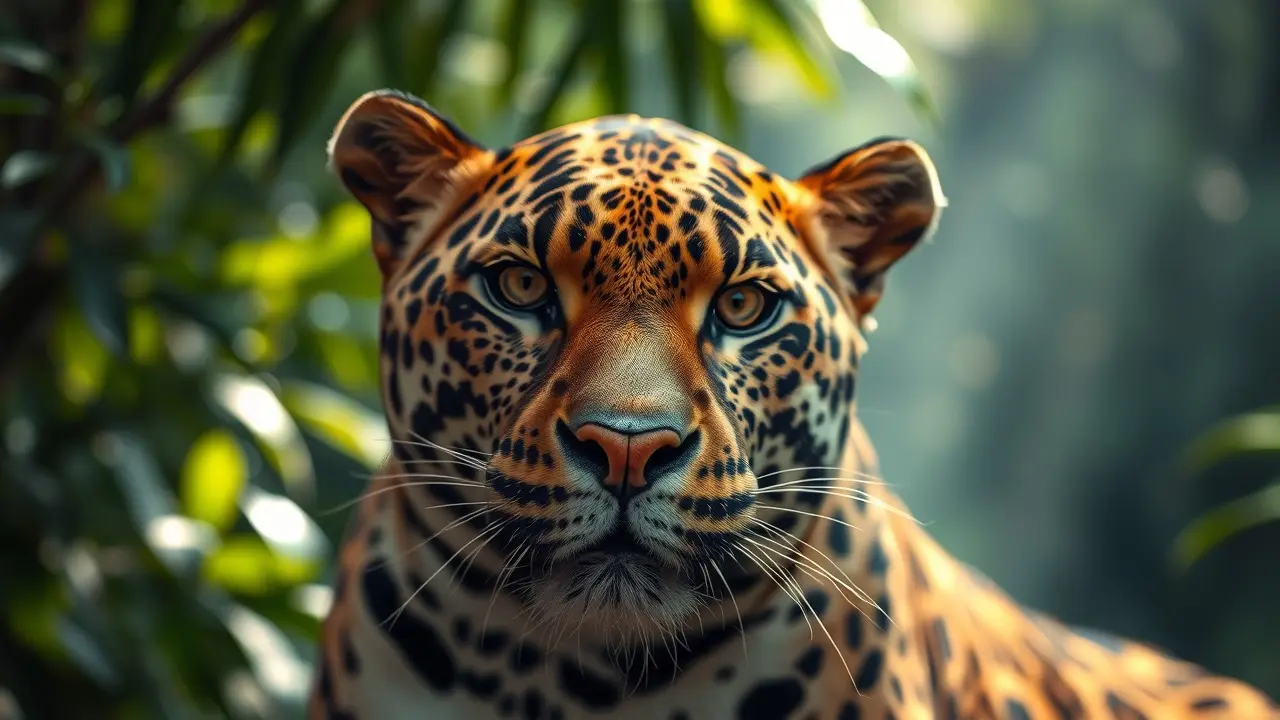 Close de um jaguar sagrado em floresta exuberante