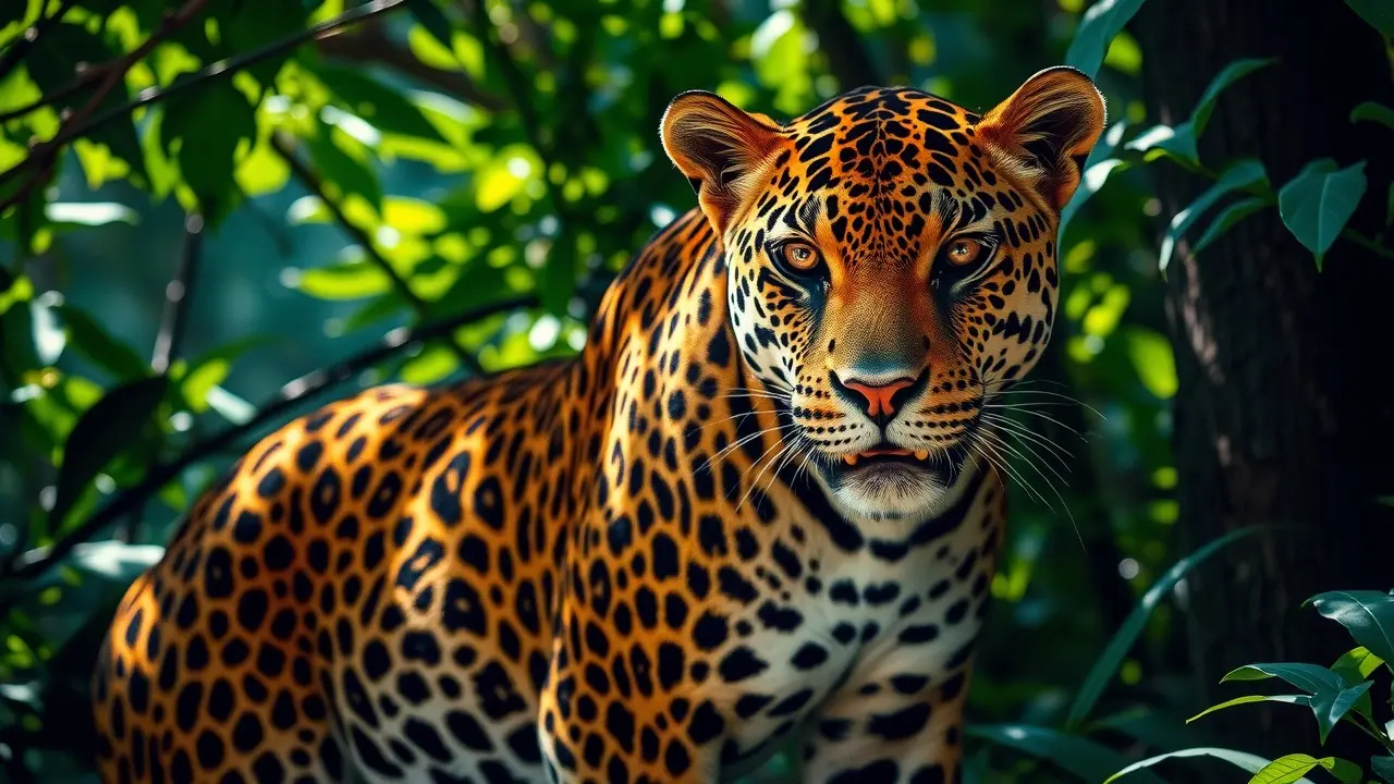 Sonhar com Jaguar: Descubra os Significados Ocultos! Jaguar em floresta exuberante, simbolizando poder e mistério.
