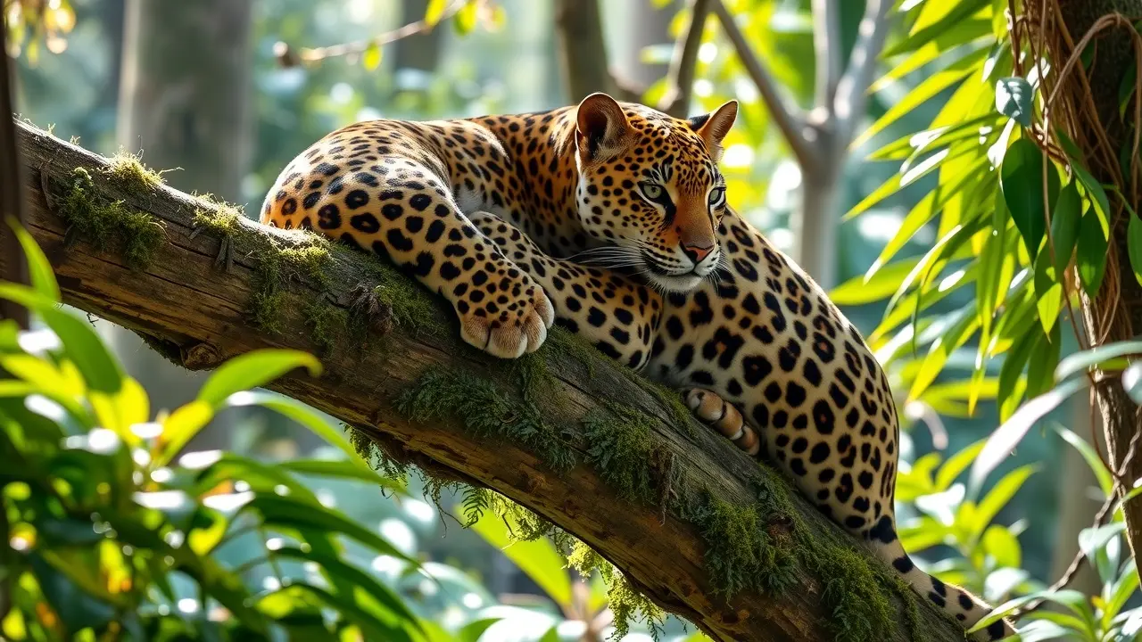 Jaguatirica repousando na floresta Amazônica.
