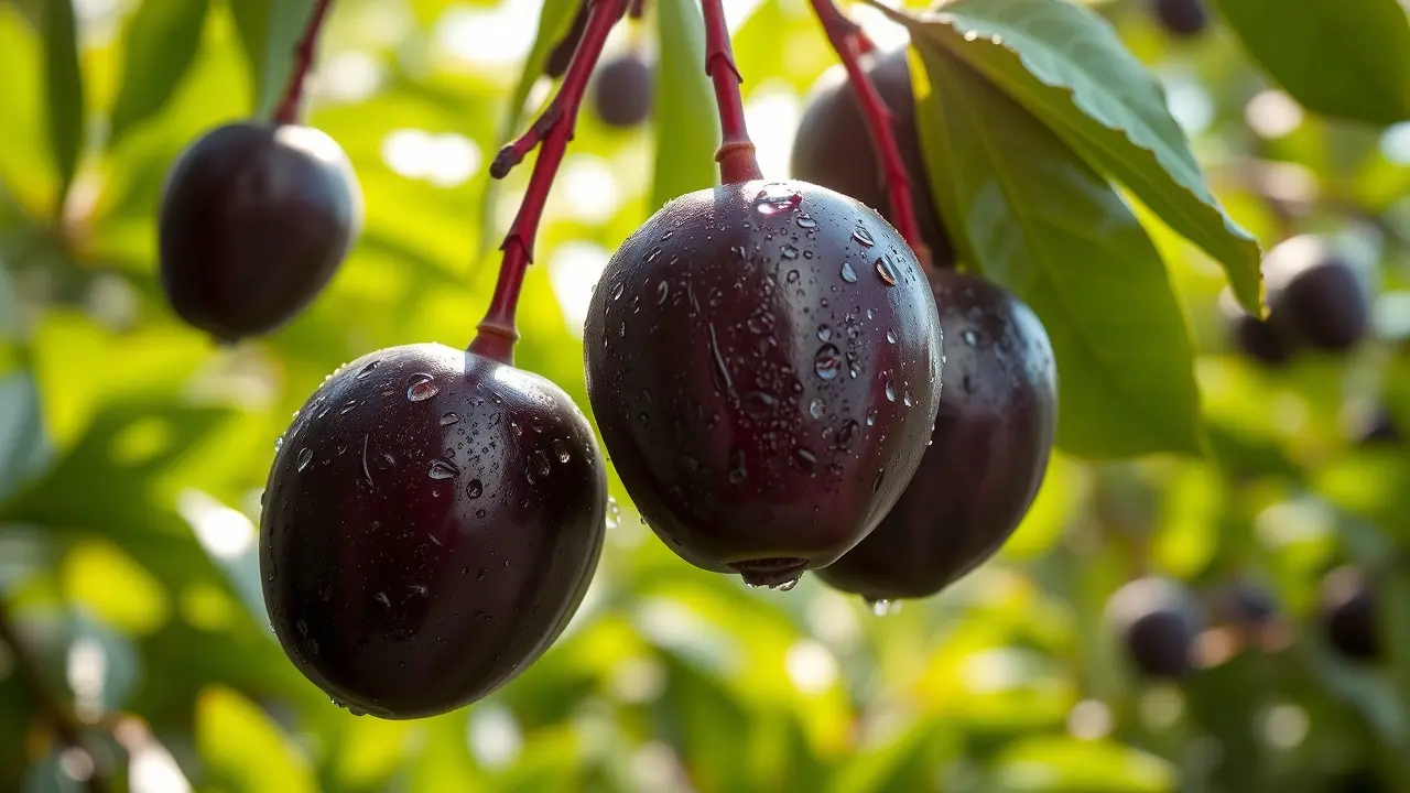 Jamelões roxos maduros pendurados em galho