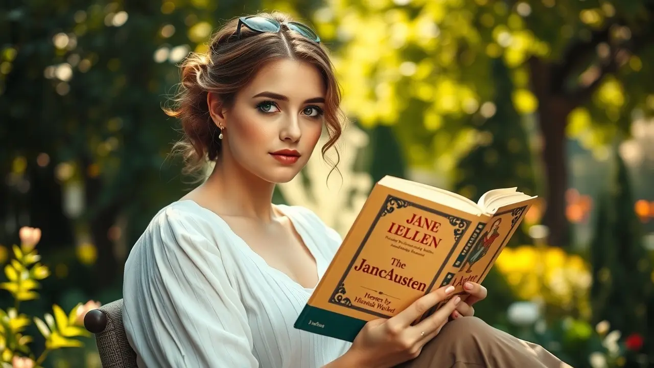 Mulher lendo livro em jardim ensolarado com atmosfera dos romances de Jane Austen.