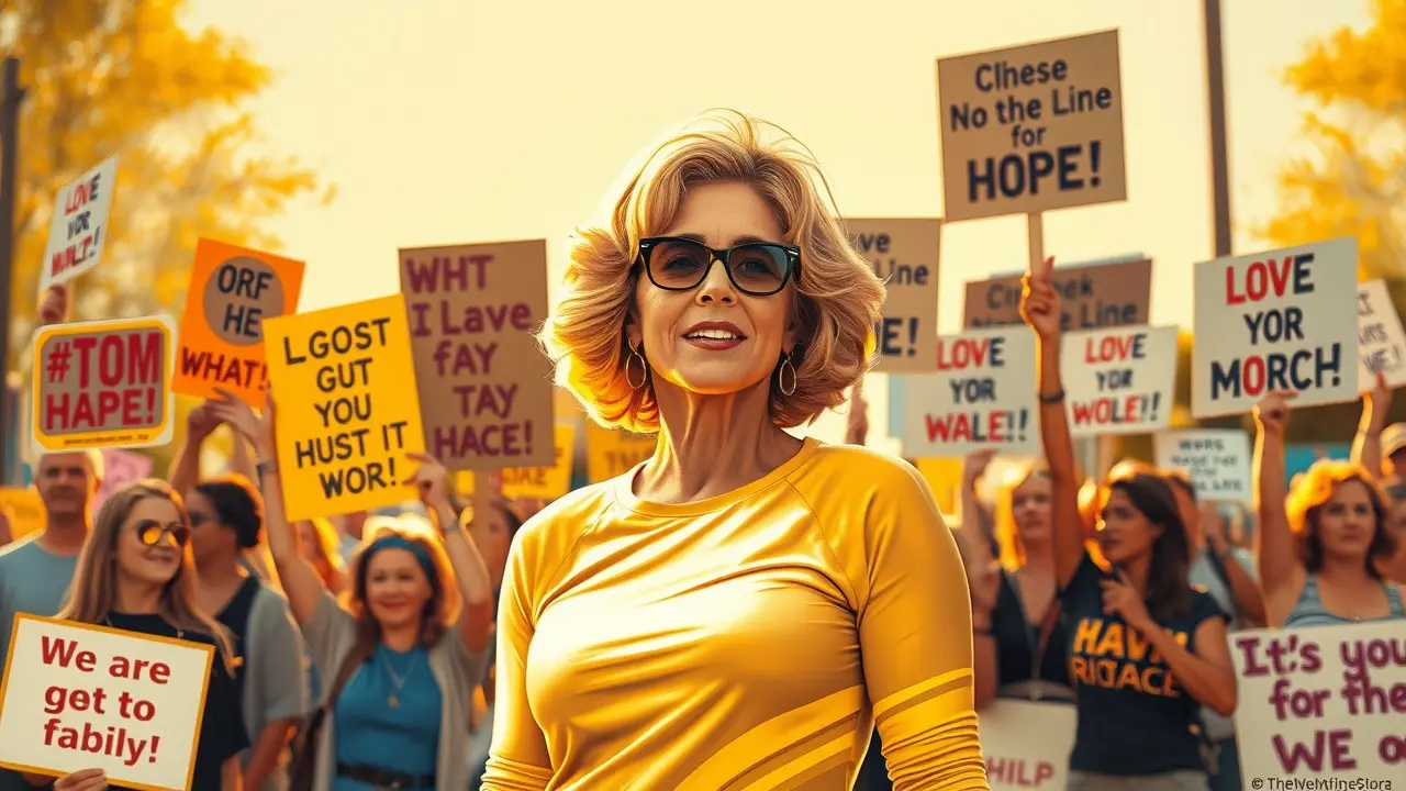 Jane Fonda radiante em pintura inspiradora.