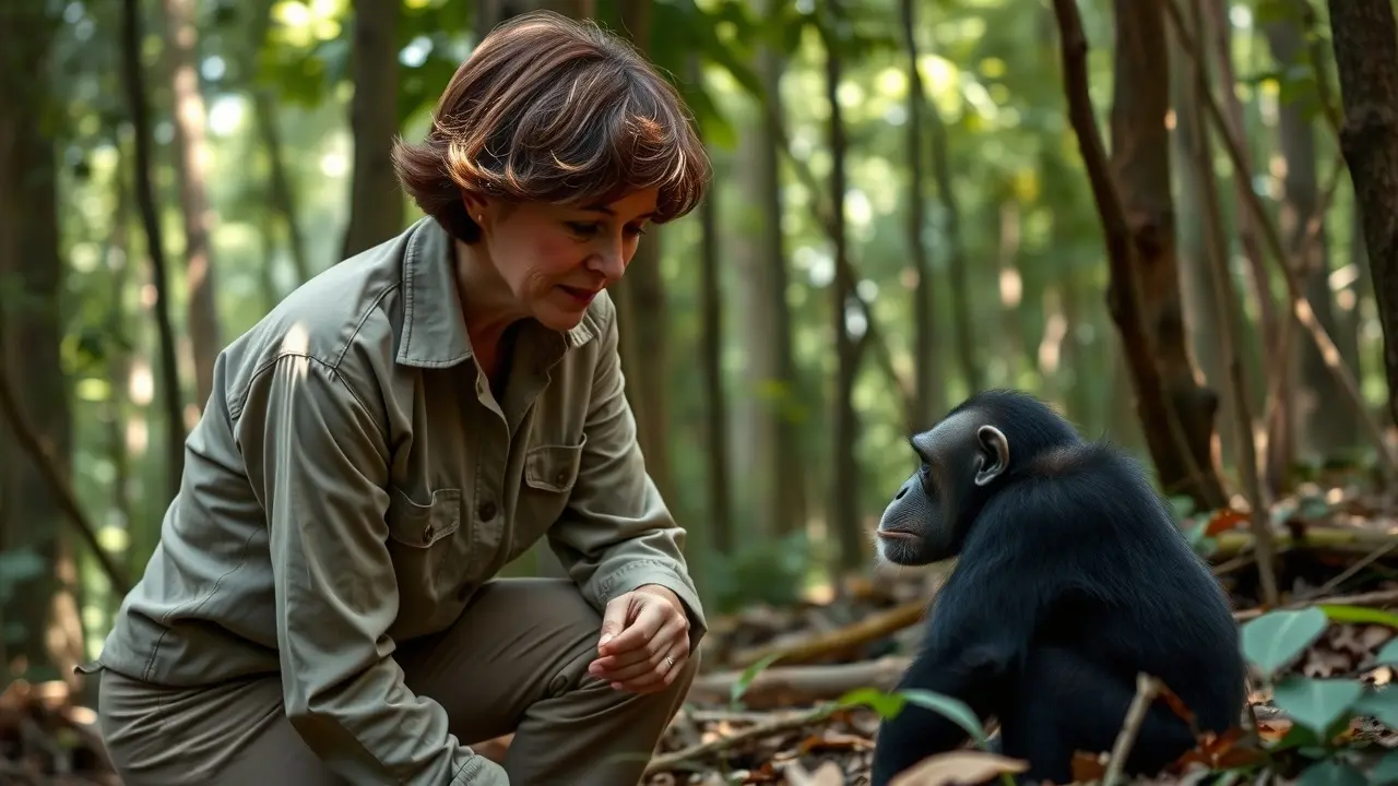 Jane Goodall observando chimpanzé na natureza
