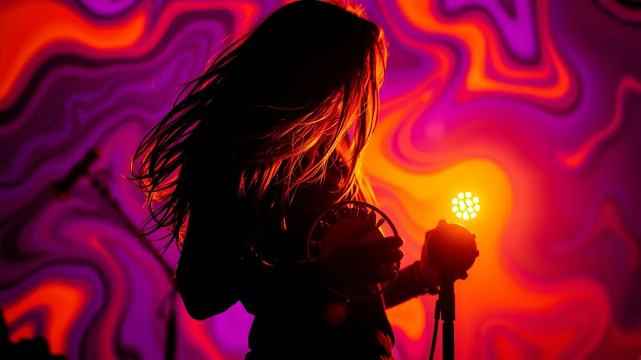 Significado de Sonhar com Janis Joplin: Voz, Liberdade e Autenticidade Mulher com cabelo longo em fundo psicodélico, representando Janis Joplin