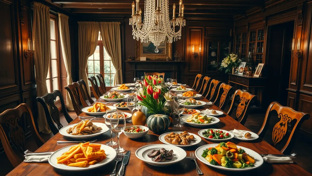 Significado de Sonhar com Jantar: Interpretações e Simbolismos Mesa de jantar farta e iluminada com comida colorida