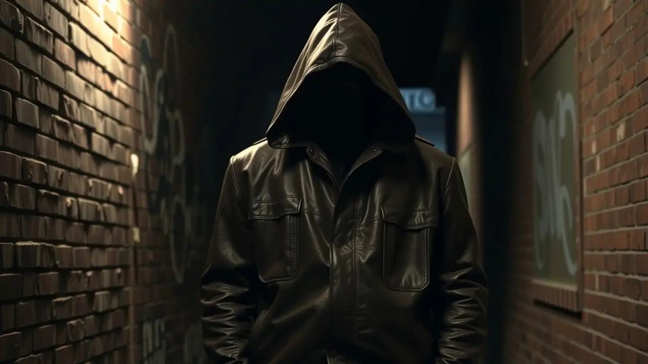 Pessoa com jaqueta de couro em beco escuro.