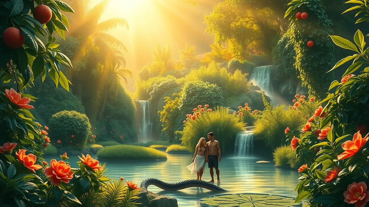 Sonhar com Jardim do Éden: Descubra o Significado e as Mensagens Ocultas Representação onírica do Jardim do Éden com vegetação exuberante, flores coloridas, frutas vistosas, uma cascata suave e um casal sereno.