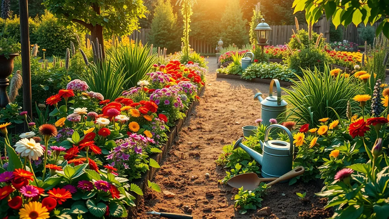 O Significado Profundo de Sonhar com Jardinagem Jardim florido e sereno ao amanhecer.