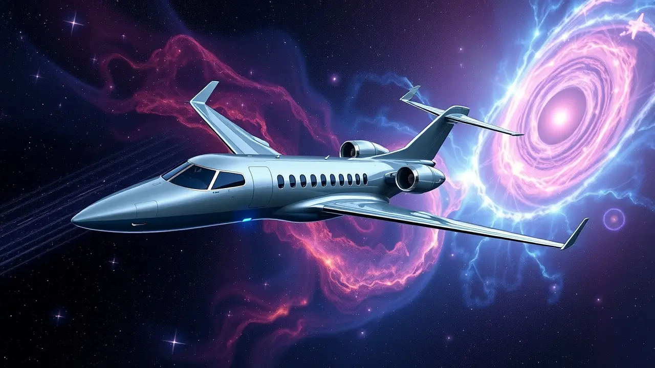 Jato voando em galáxia: sonho de ambição e liberdade