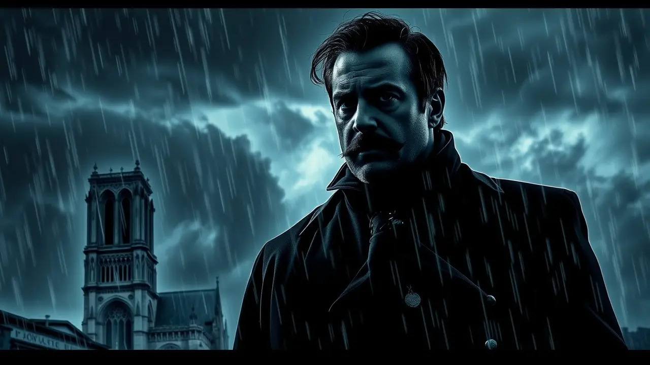 Sonhar com Javert: Desvende os Significados Ocultos Homem fardado sob céu tempestuoso, representando Javert.