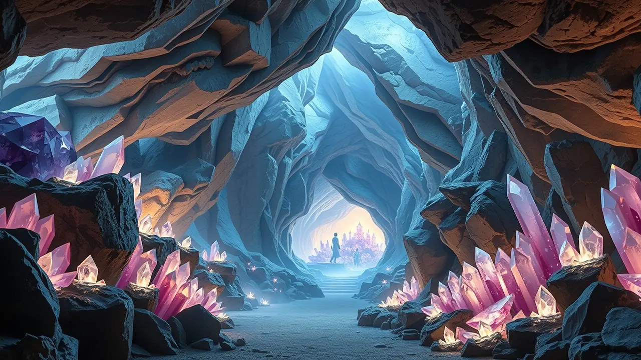 Jazida mineral cintilante com cristais de ametista e quartzo.