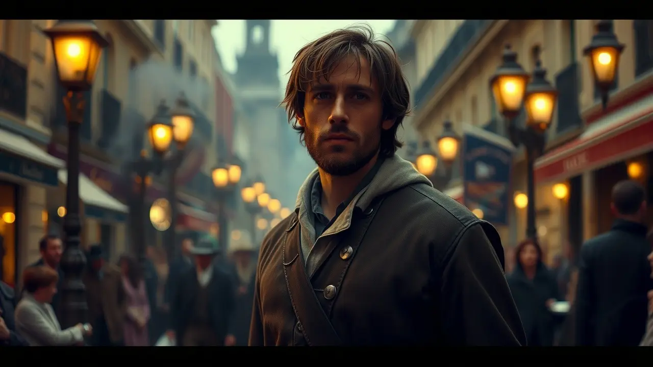 Homem maltrapilho em rua parisiense iluminada, representando Jean Valjean em sonho.