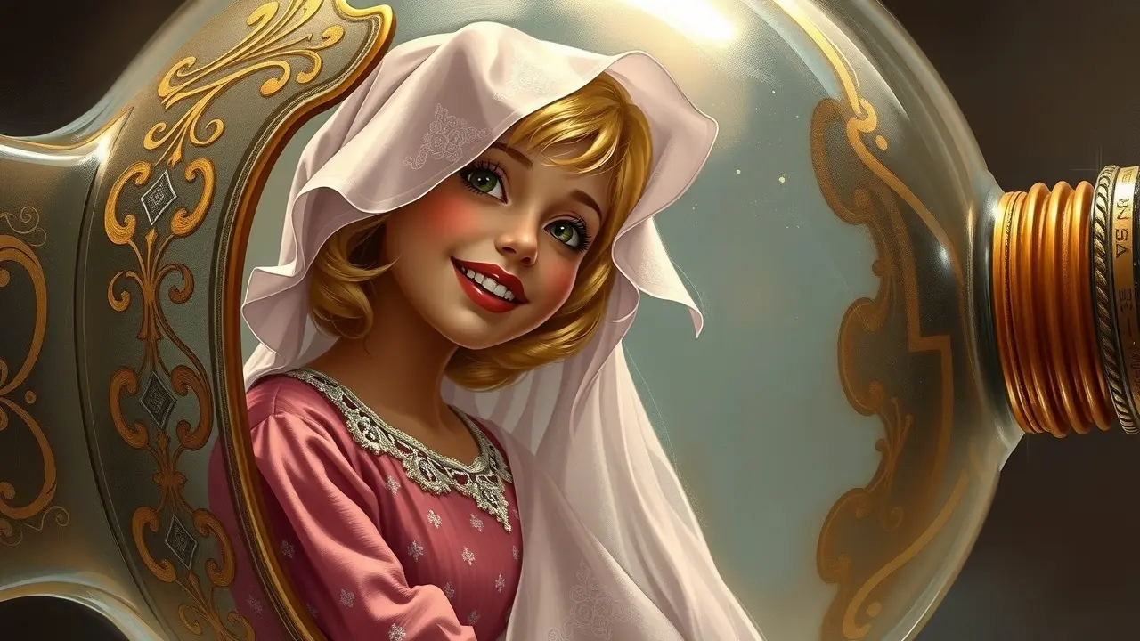 Sonhar com Jeannie: Descubra os Significados Ocultos! Jeannie sorrindo em sua garrafa com detalhes em ouro