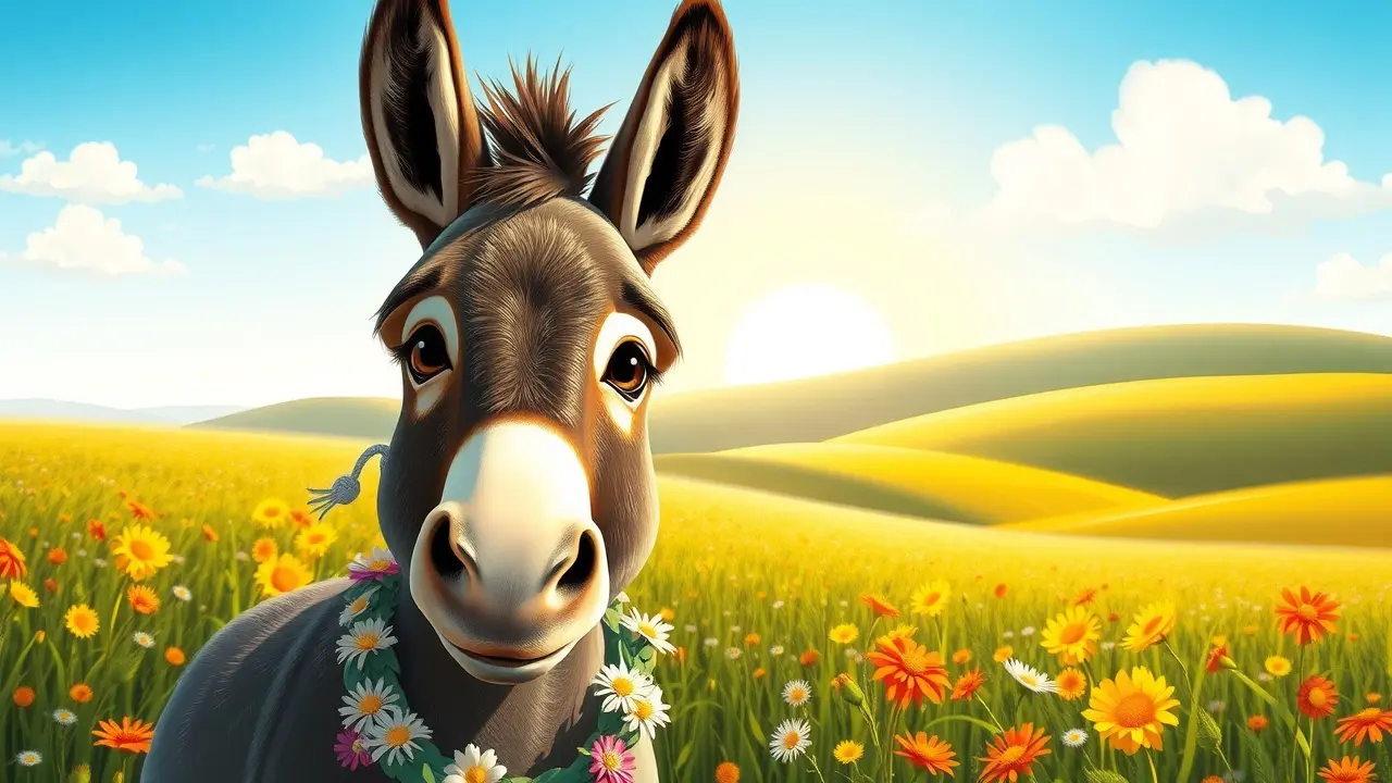 Sonhar com Jegue: Descubra os Significados e Simbolismos! Um jegue amigável em um campo florido.