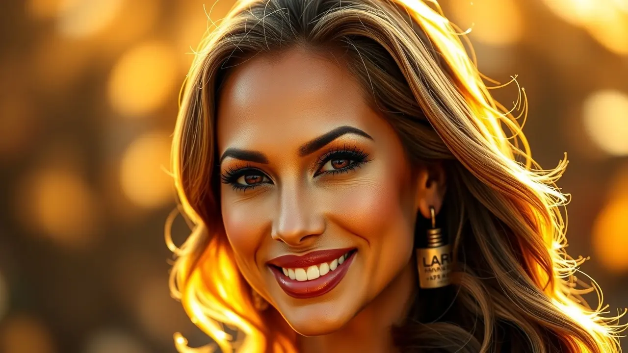 Retrato digital de Jennifer Lopez com sorriso radiante.