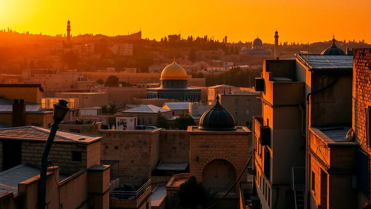 Sonhar com Jerusalém: Descubra o Significado e as Mensagens Ocultas Vista panorâmica de Jerusalém ao pôr do sol.