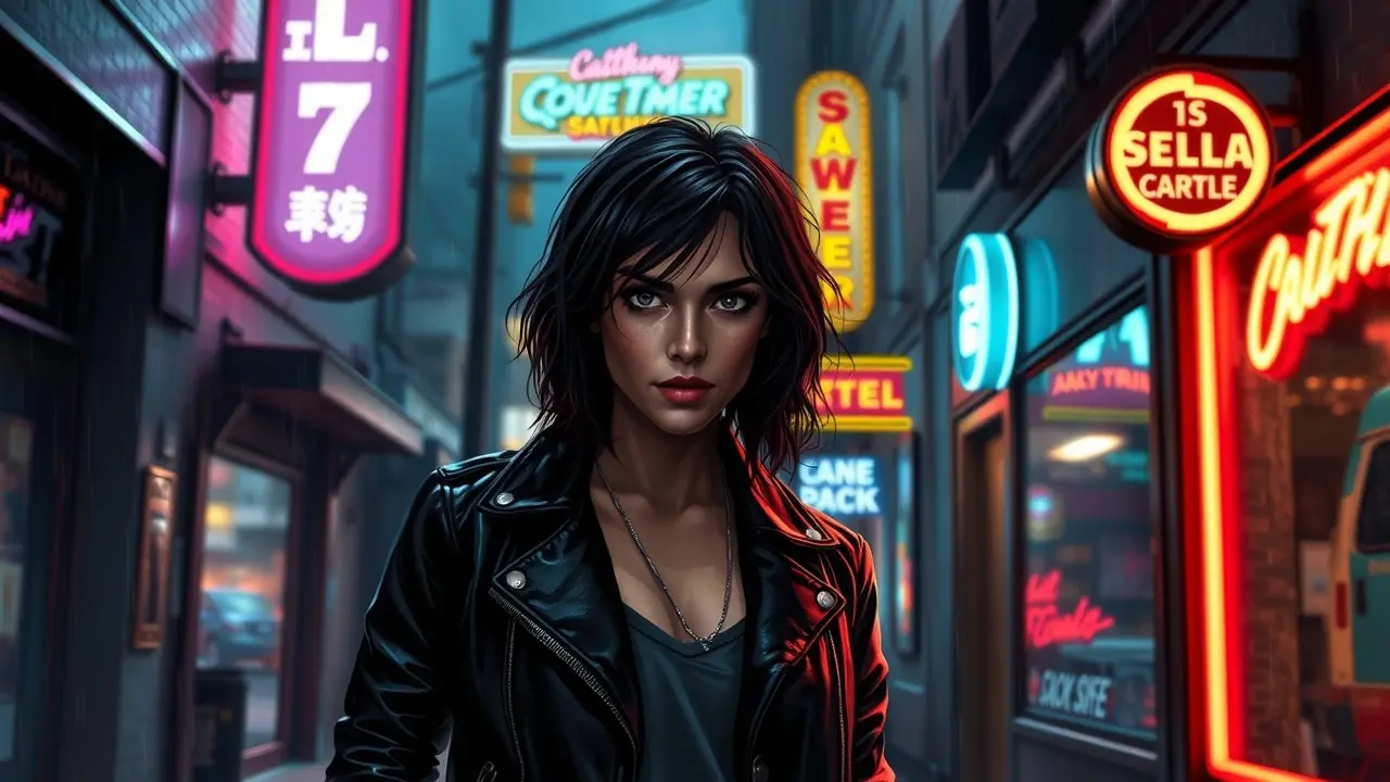 Significado de Sonhar com Jessica Jones: Interpretações e Simbolismos Jessica Jones em beco chuvoso, representação de força e resiliência.