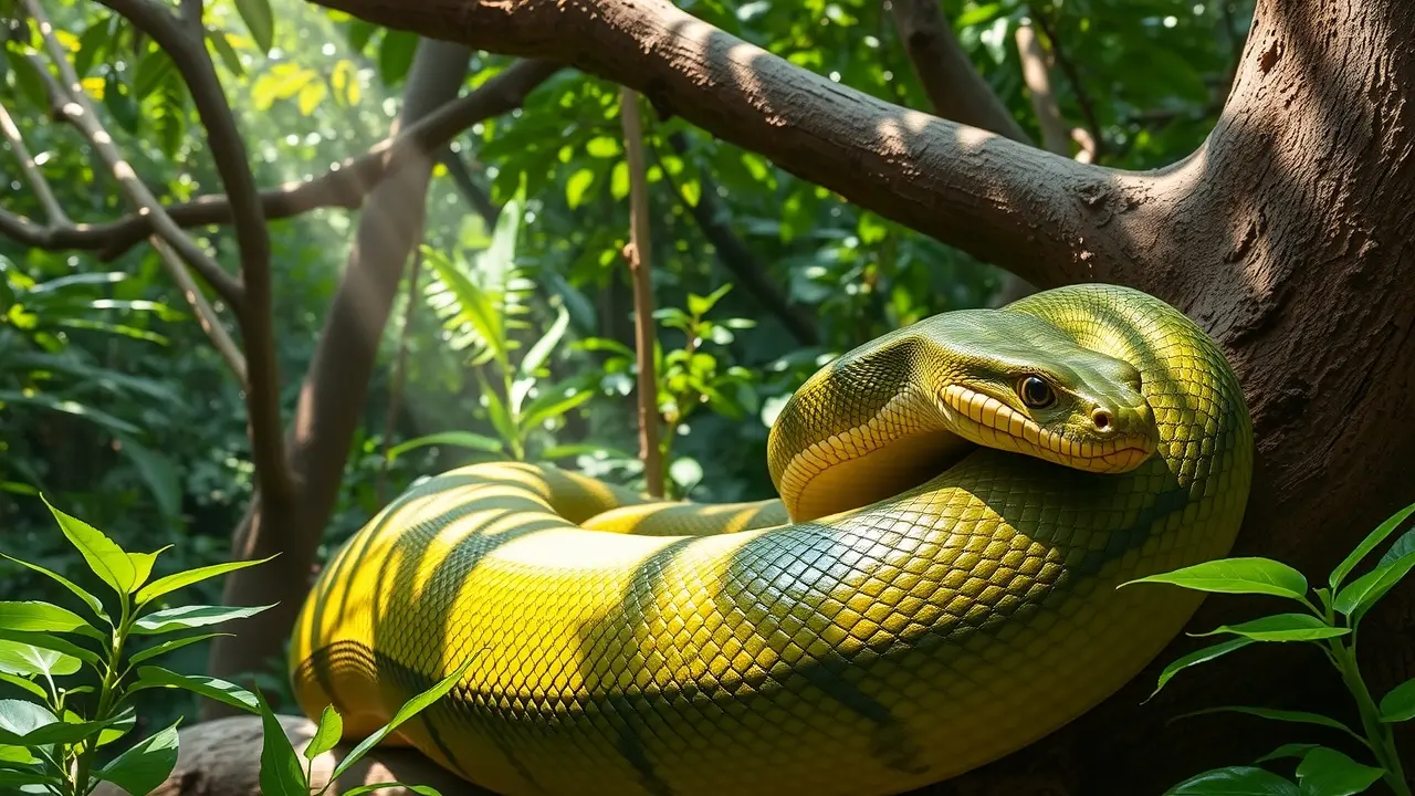 Jiboia enrolada em galho na floresta